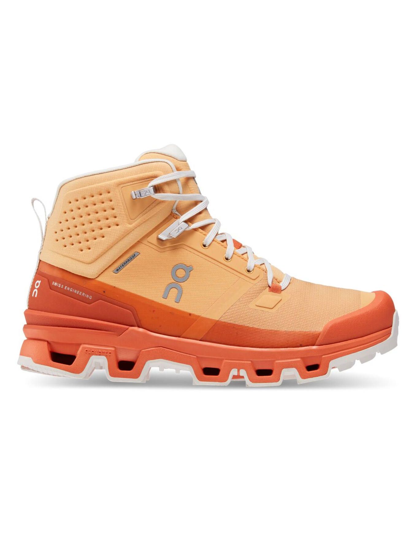 Side view on white background of Womens On Cloudrock 2 Waterproof running shoe in Copper/Flare, Medium (Regular) width