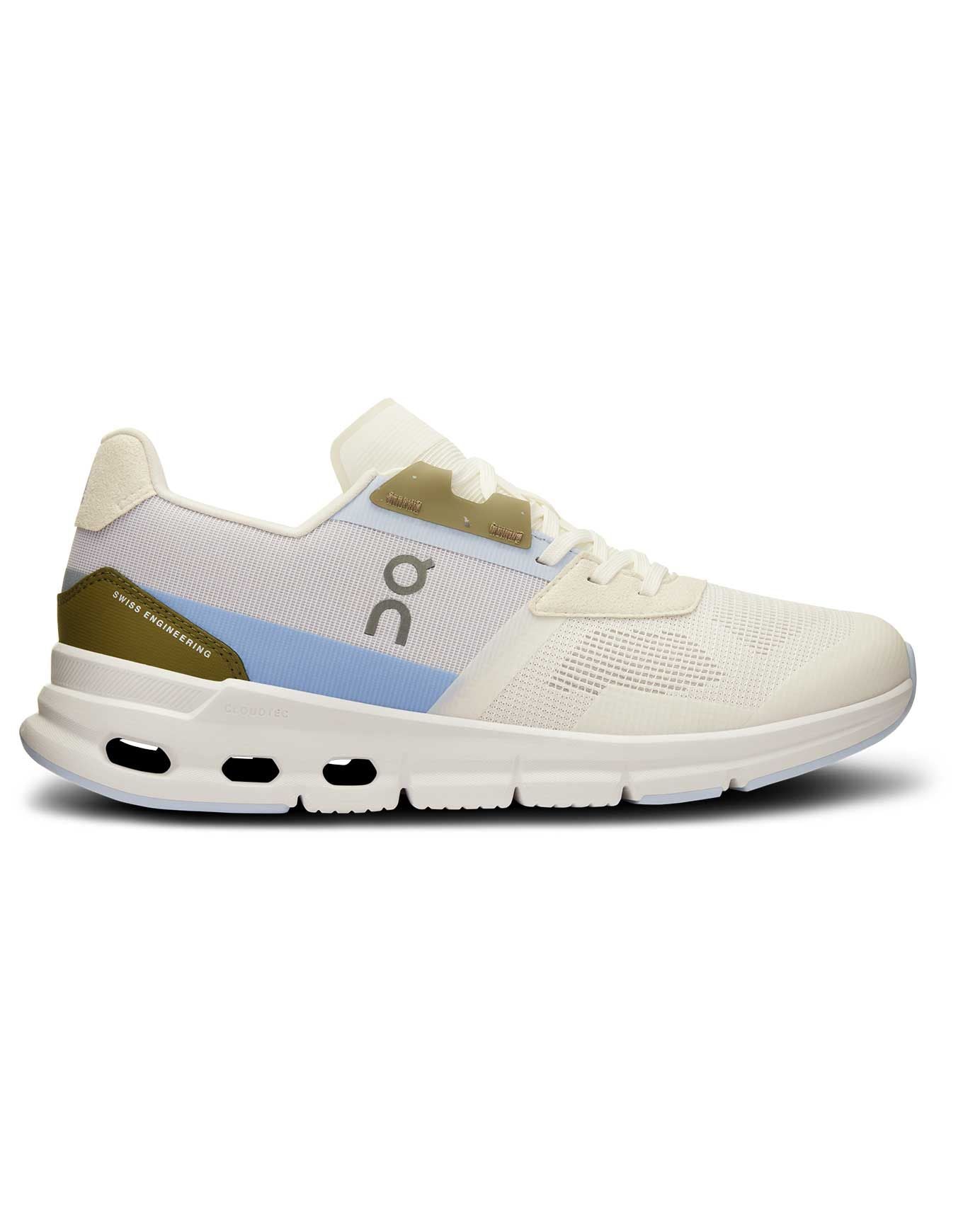Side view on white background of Mens On Cloudrift running shoe in Ivory/Heather, Medium (Regular) width
