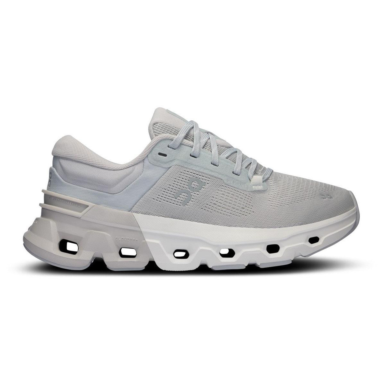 Side view on white background of Womens On Cloudflyer 5 running shoe in White/Glacier, Medium (Regular) width