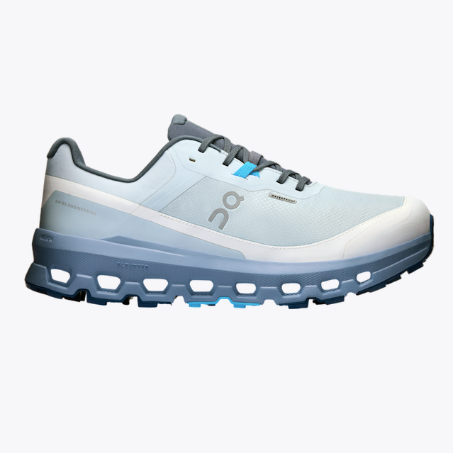 Side view on white background of Mens On Cloudvista 2 Waterproof running shoe in Arctic/Chambray, Medium (Regular) width