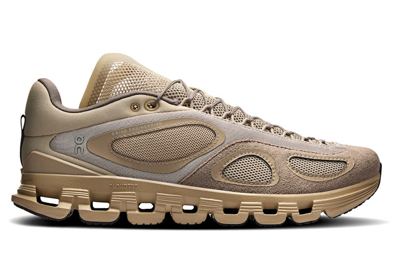 Side view on white background of Womens On Cloud X FKA running shoe in Desert, Medium (Regular) width