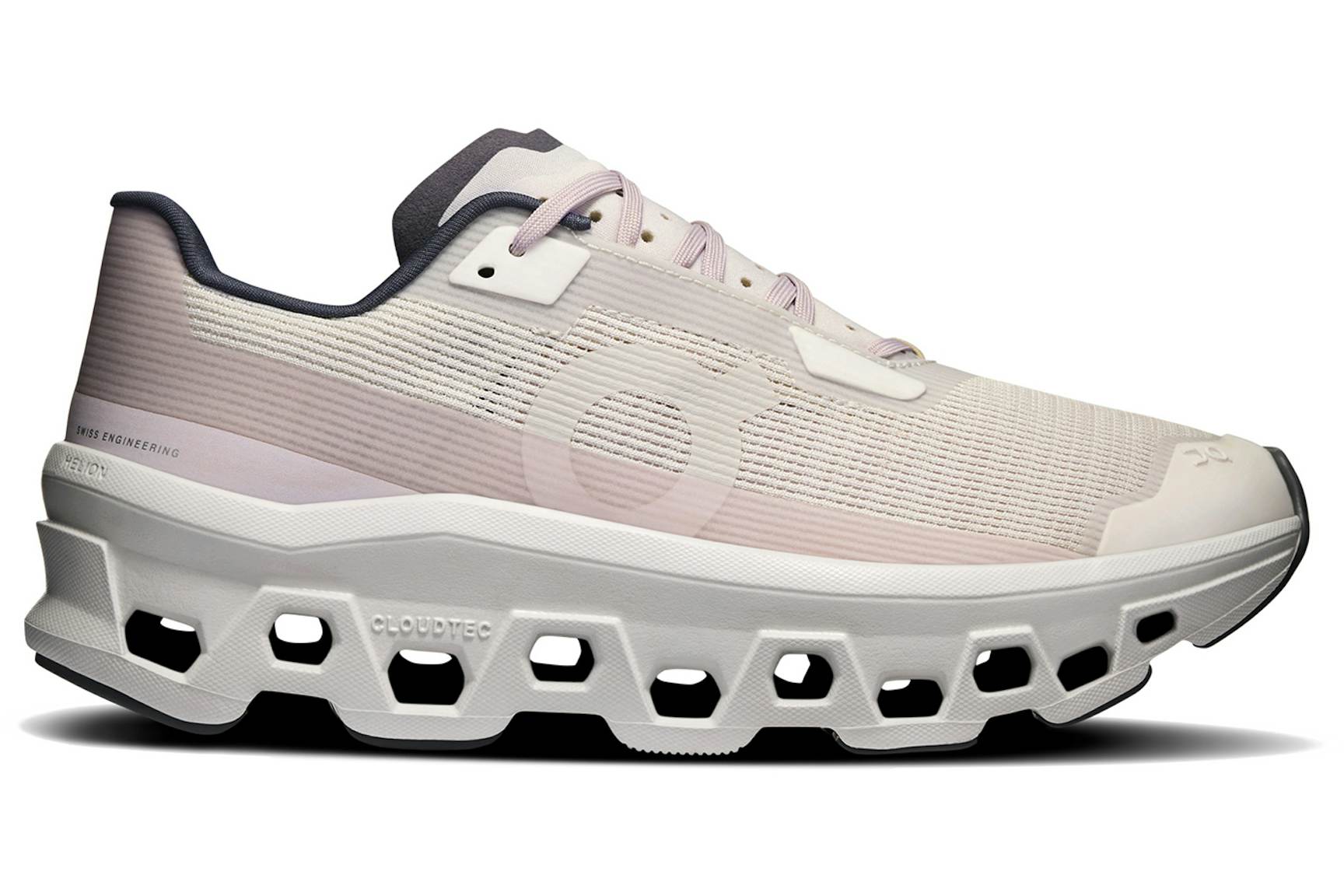 Side view on white background of Womens On Cloudmonster Void running shoe in Ivory/Wolf, Medium (Regular) width