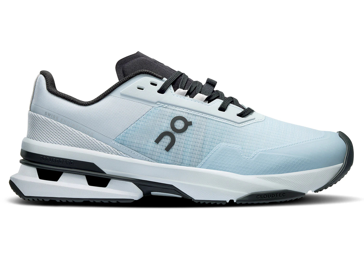Side view on white background of Womens On Cloudpulse Pro running shoe in Arctic/Horizon, Medium (Regular) width