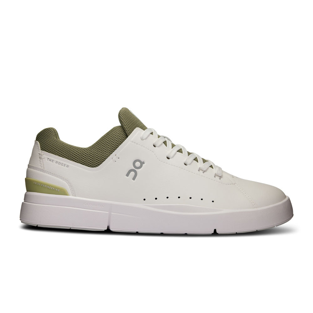 Side view on white background of Mens On The Roger Advantage running shoe in White/Olive, Medium (Regular) width