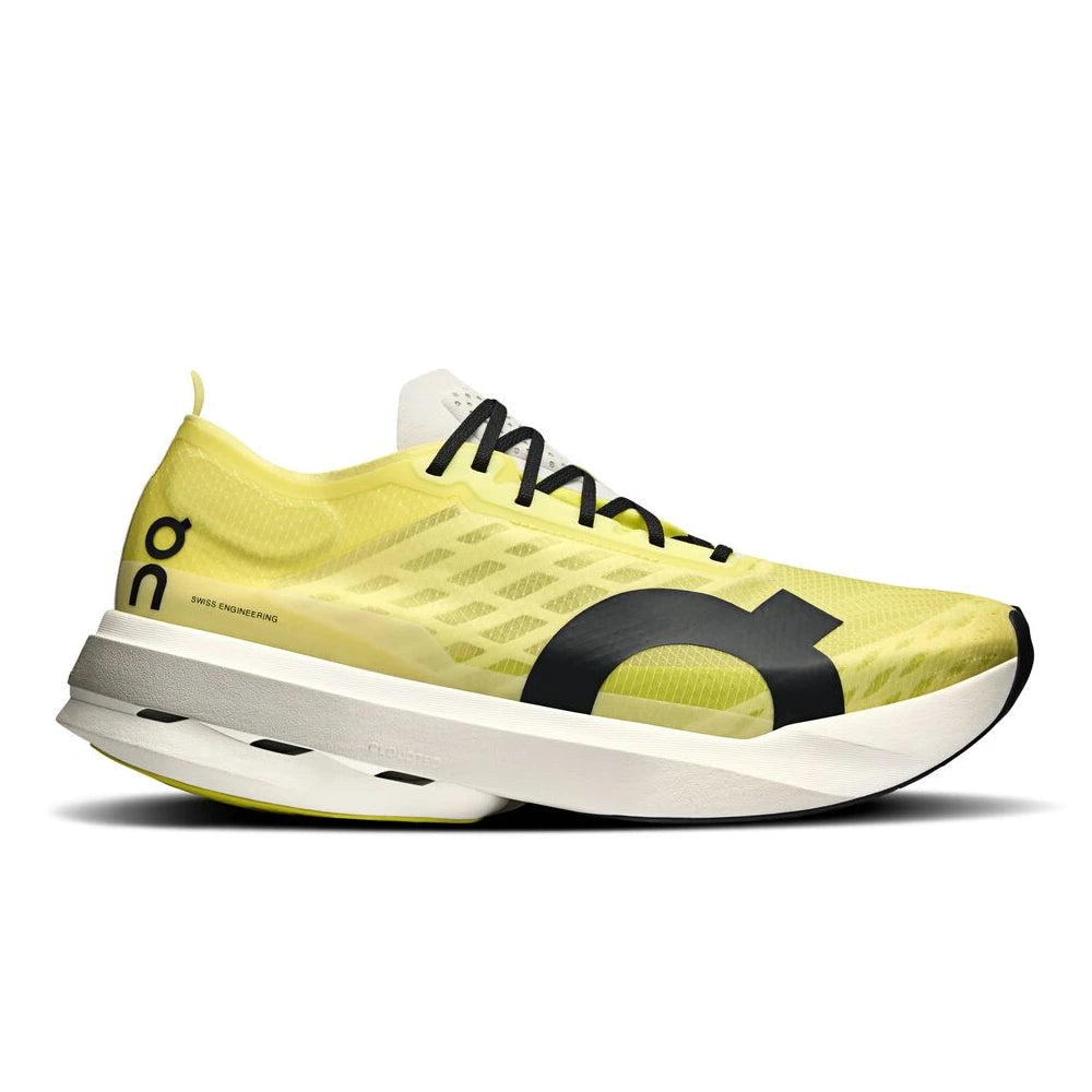 Side view on white background of Mens On Cloudboom Strike running shoe in Limelight/Wolf, Medium (Regular) width