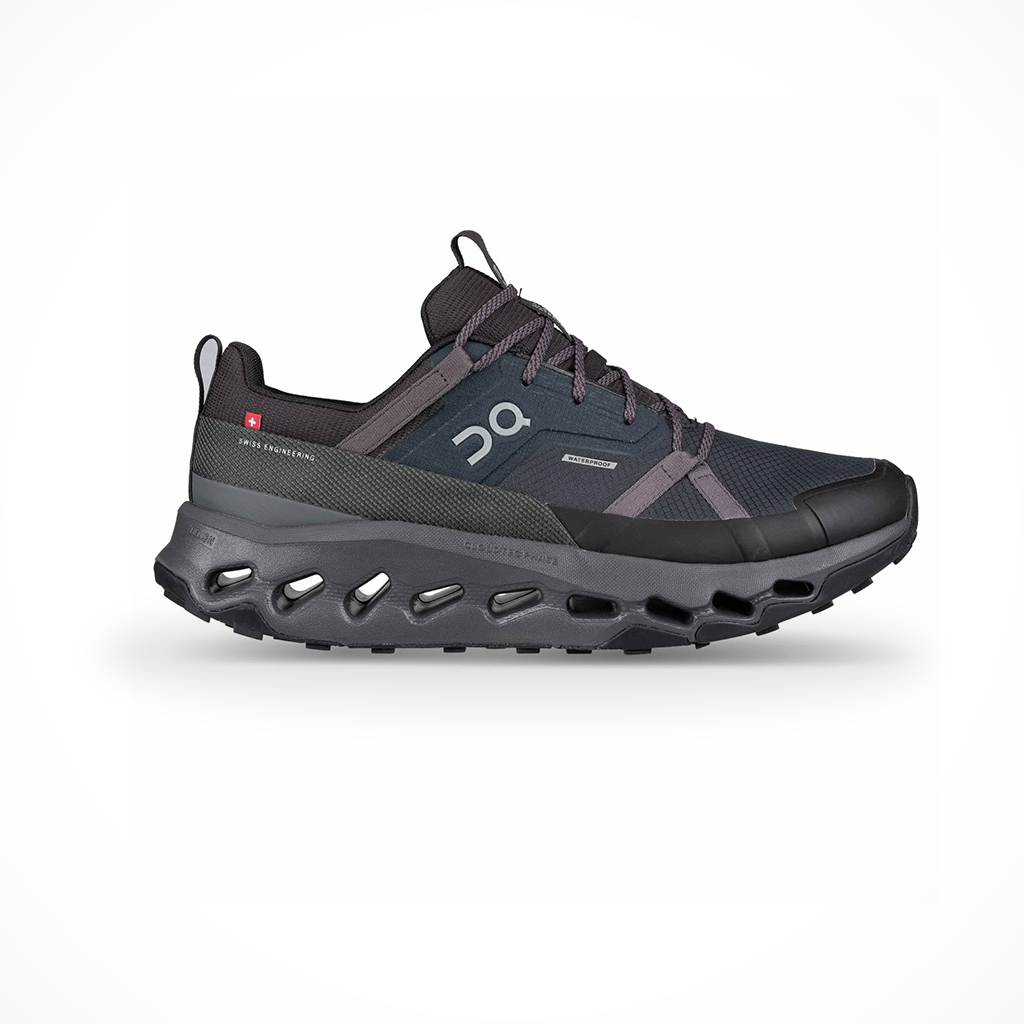 Side view on white background of Mens On Cloudhorizon Waterproof running shoe in Black/Eclipse, Medium (Regular) width
