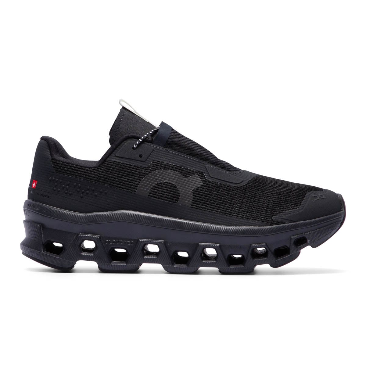 Side view on white background of Womens On Cloudmonster Sensa running shoe in All Black, Medium (Regular) width