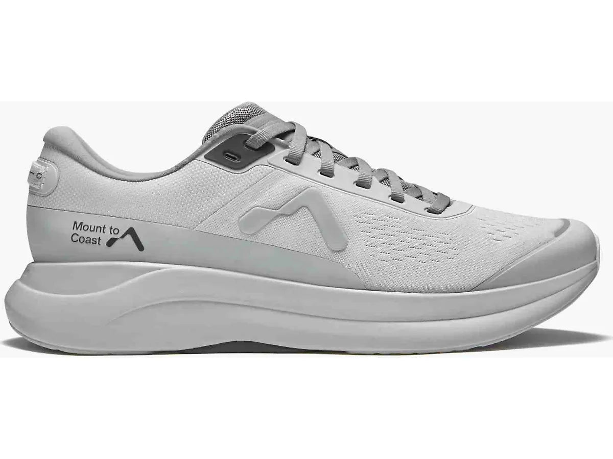 Side view on white background of Womens Mount To Coast P1 running shoe in Cinder, Medium (Regular) width