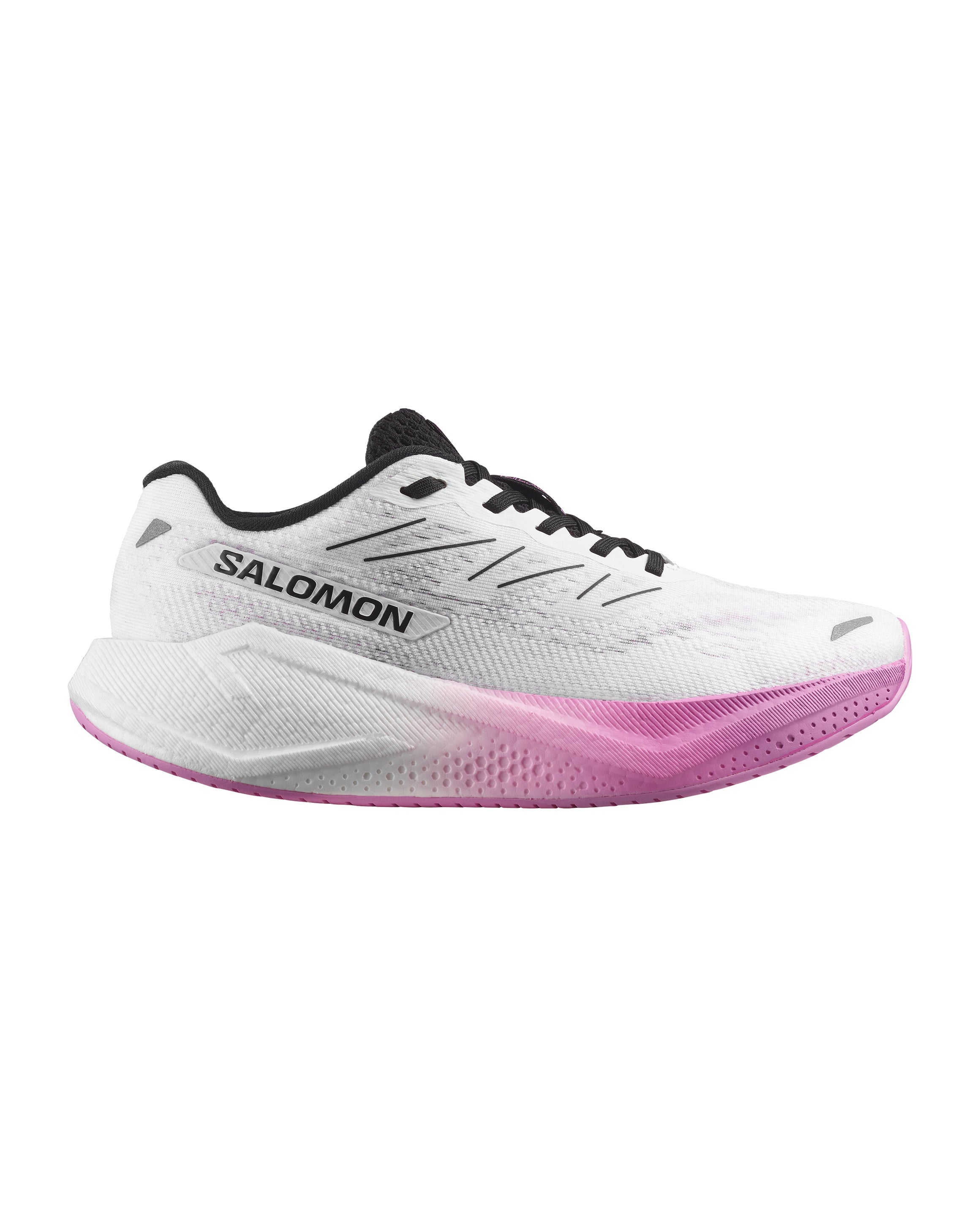 Side view on white background of Womens Salomon Aero Blaze running shoe in White/Black/Cyclamen, Medium (Regular) width