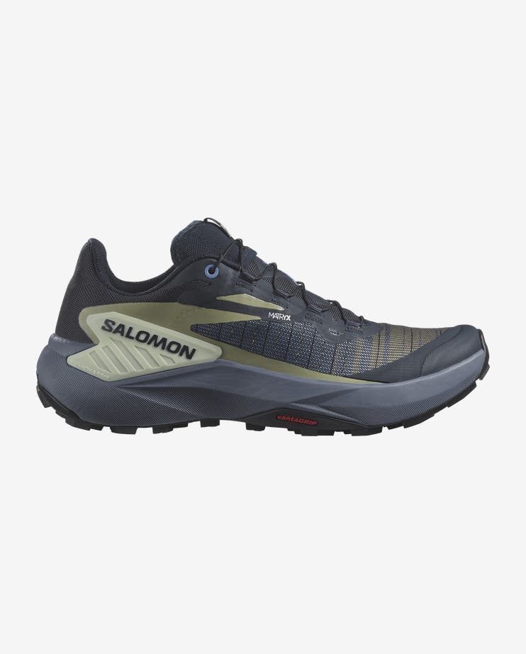 Side view on white background of Womens Salomon Genesis running shoe in Carbon/Grisaille/Aloe Wash, Medium (Regular) width