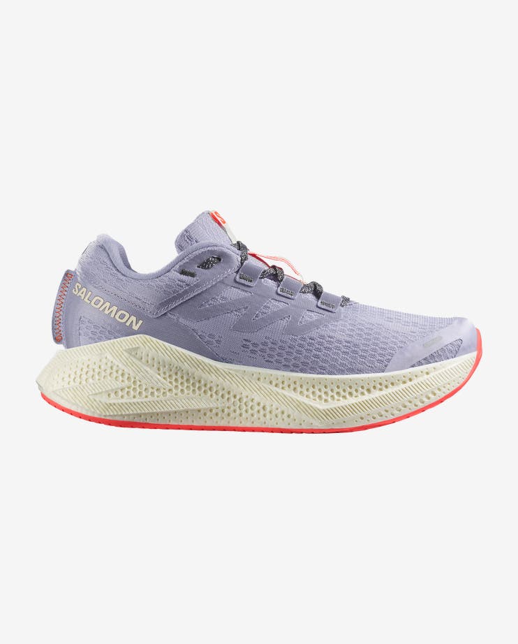 Side view on white background of Womens Salomon Aero Glide 3 running shoe in Cosmic Sky/Vanilla Ice/Nine Iron, Wide width