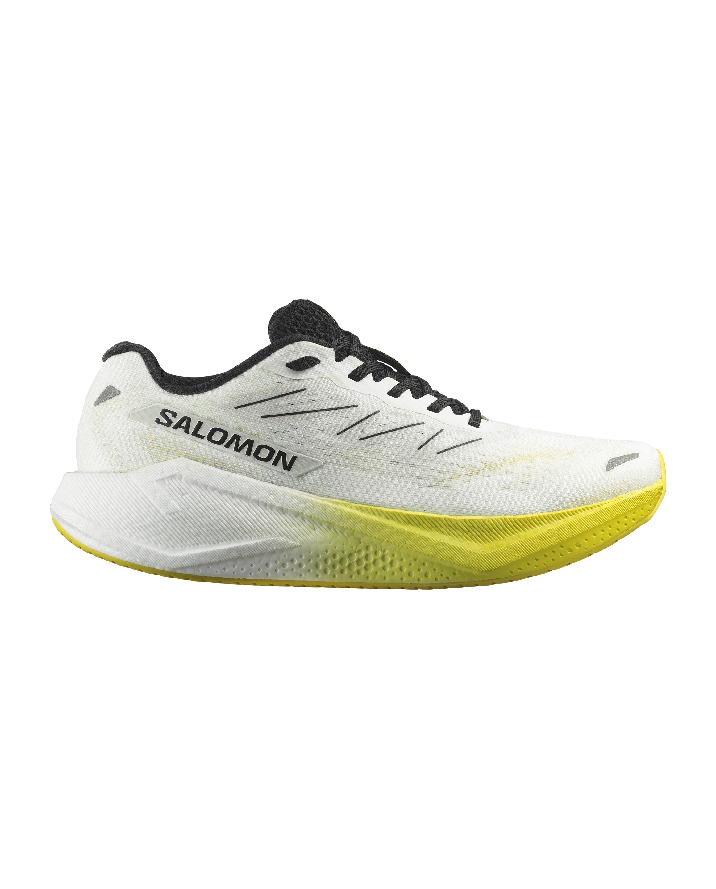 Side view on white background of Mens Salomon Aero Blaze running shoe in White/Black/Blazing Yellow, Medium (Regular) width