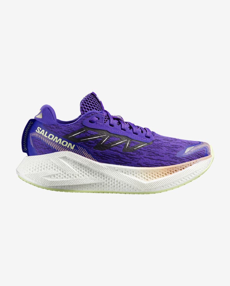 Side view on white background of Womens Salomon Aero Glide 4 running shoe in Deep Blue/White/Butterfly, Medium (Regular) width