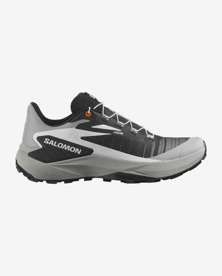Side view on white background of Mens Salomon Genesis running shoe in Black/Alloy/Turmeric, Medium (Regular) width