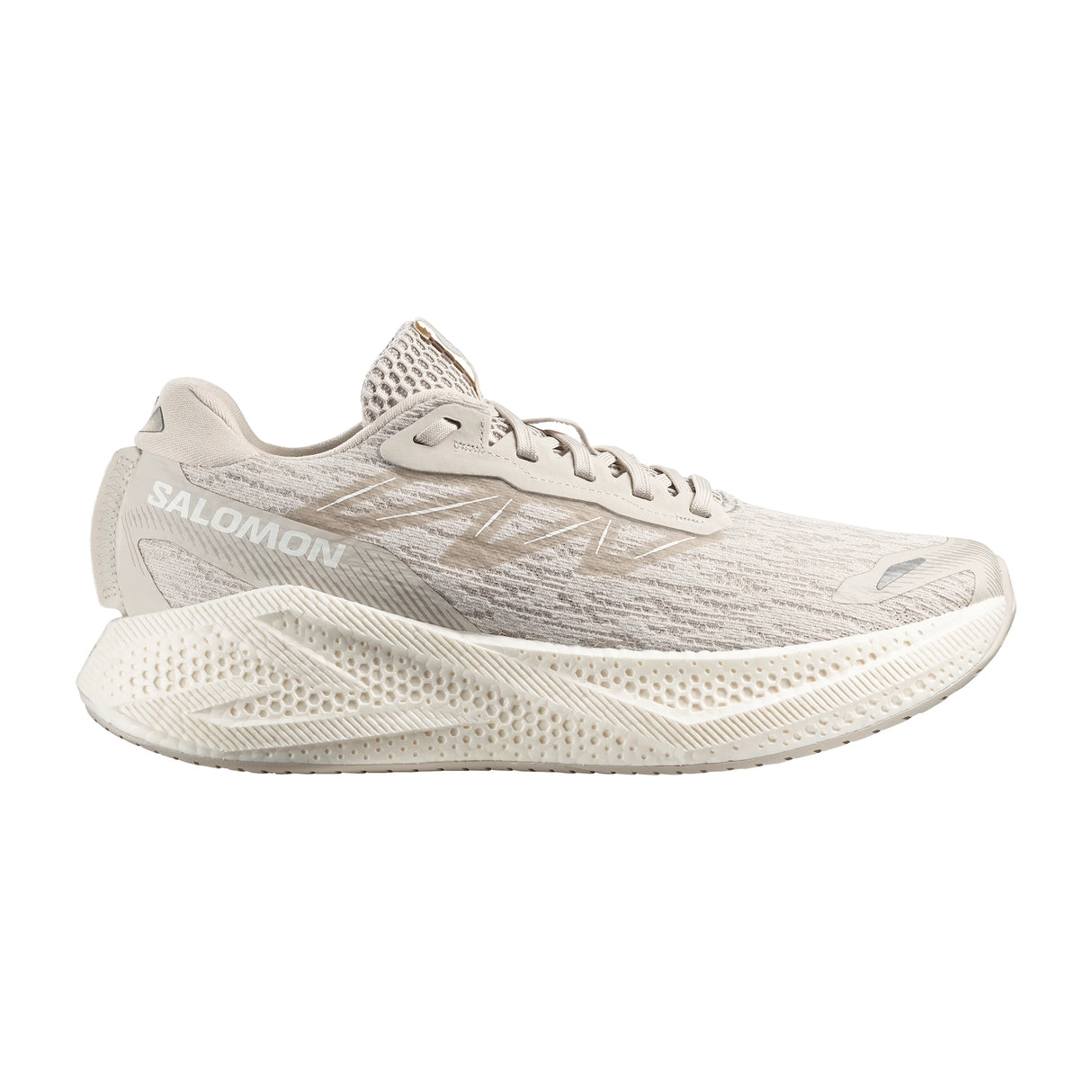 Side view on white background of Mens Salomon Aero Glide 4 running shoe in Silver Cloud/Silver Cloud/White, Medium (Regular) width
