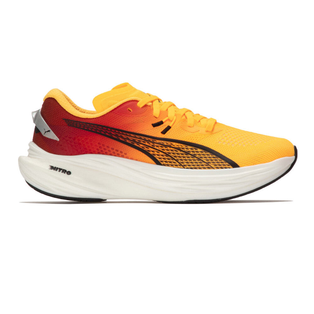 Side view on white background of Mens Puma Deviate Nitro 3 running shoe in Sun Stream/Sunset Glow/White, Medium (Regular) width