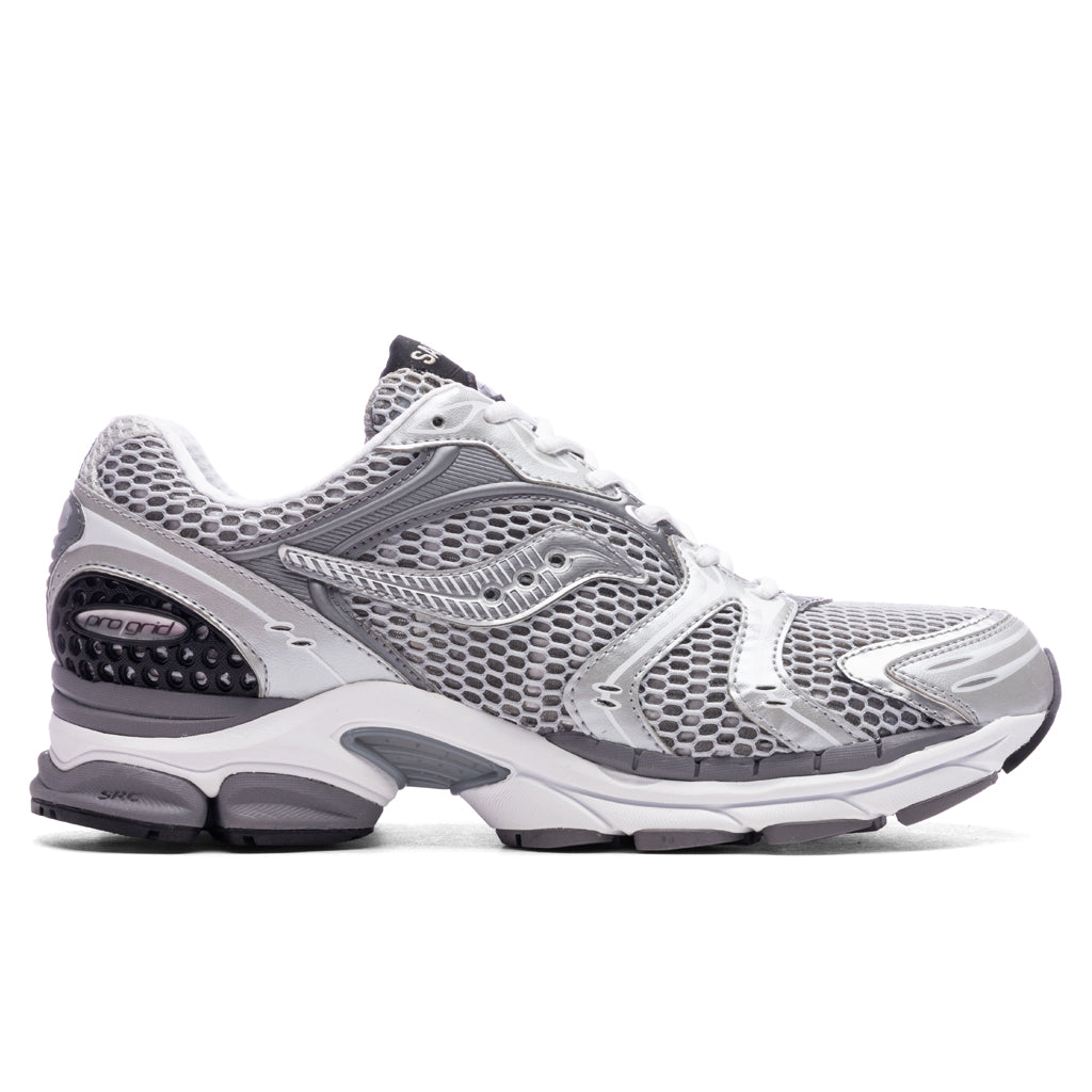 Side view on white background of Mens Saucony Progrid Triumph 4 running shoe in Grey, Medium (Regular) width