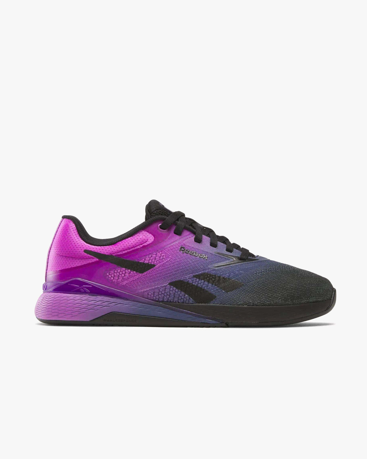 Side view on white background of Mens Reebok Nano X5 running shoe in Black/Twilight Purple/Purple Rave, Narrow width