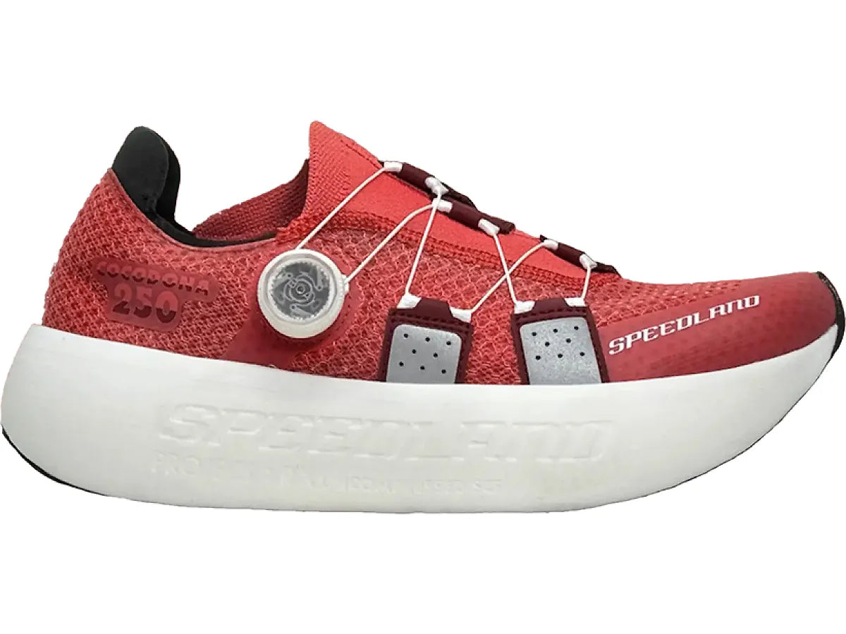 Side view on white background of Unisex Speedland RX:CCD running shoe in Red/White, Medium (Regular) width