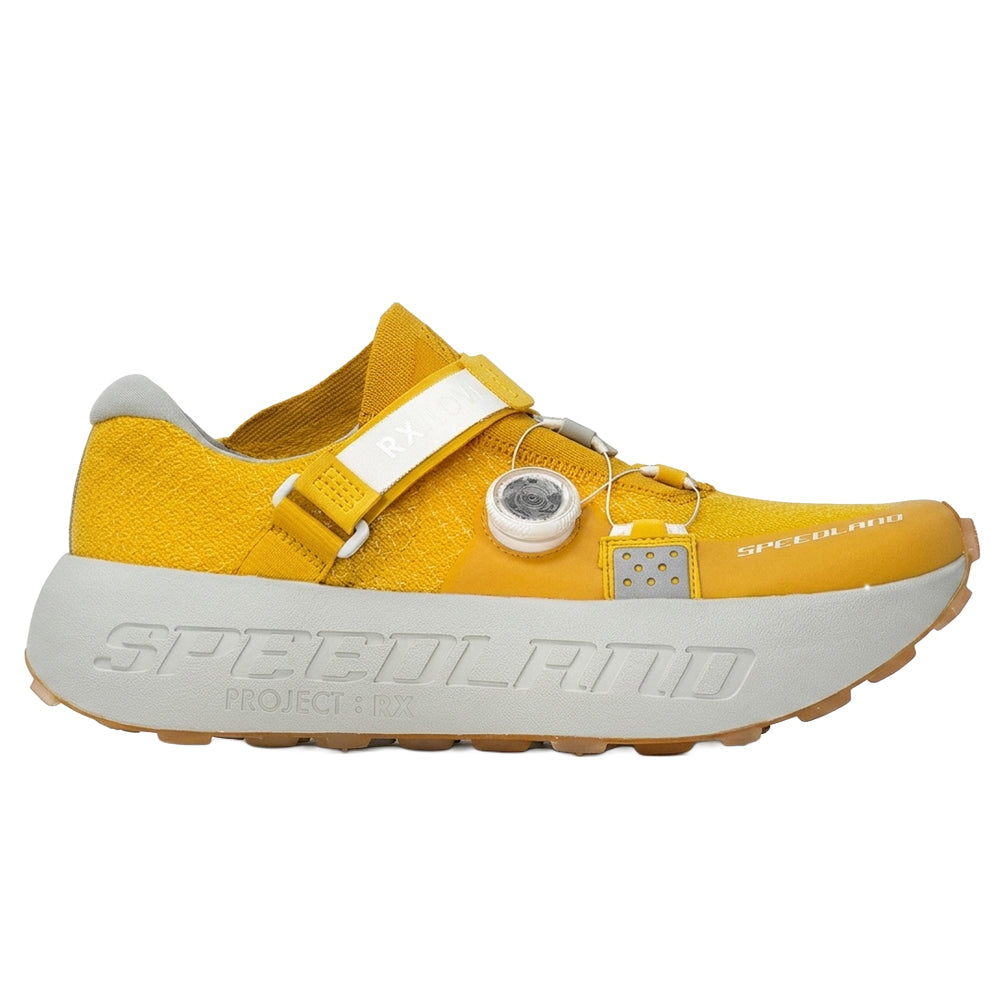 Side view on white background of Unisex Speedland RX:LDVL running shoe in Yellow/White, Medium (Regular) width