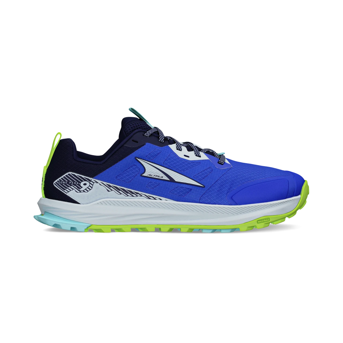 Side view on white background of Mens Altra Lone Peak 9 running shoe in Blue/Lime, Medium (Regular) width