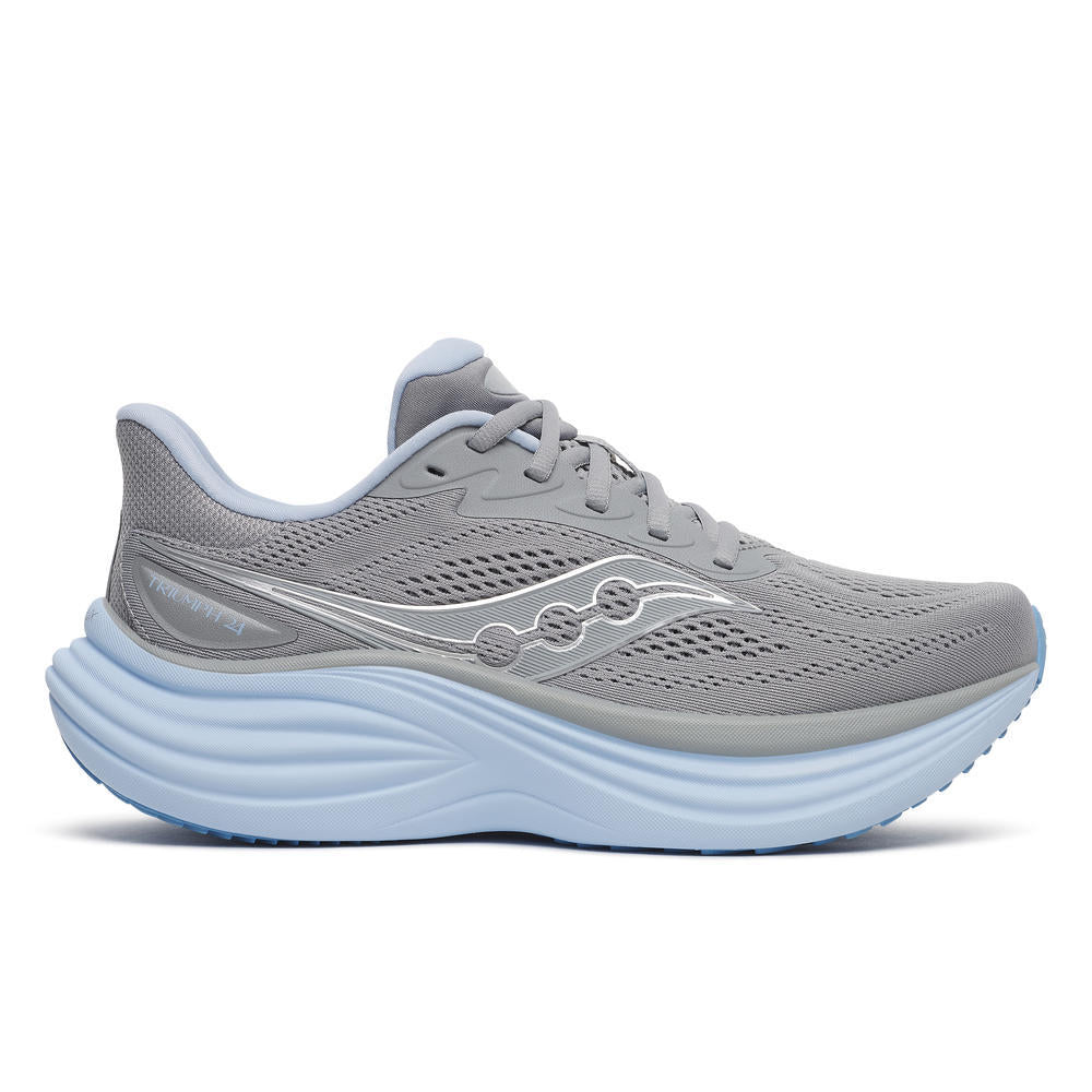Side view on white background of Womens Saucony Triumph 24 running shoe in Fossil/Skyward, Medium (Regular) width