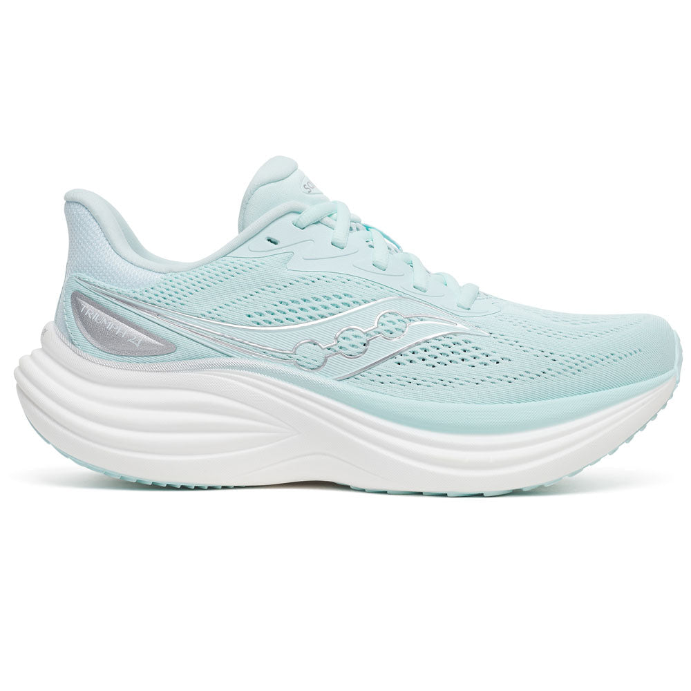 Side view on white background of Womens Saucony Triumph running shoe in Spa/Silver, Medium (Regular) width