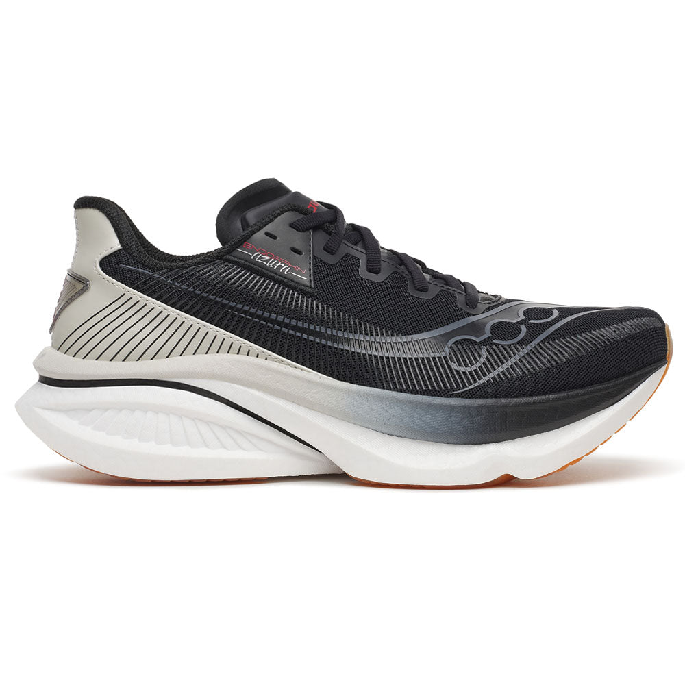 Side view on white background of Mens Saucony Endorphin Azura running shoe in Black/Quartz, Medium (Regular) width