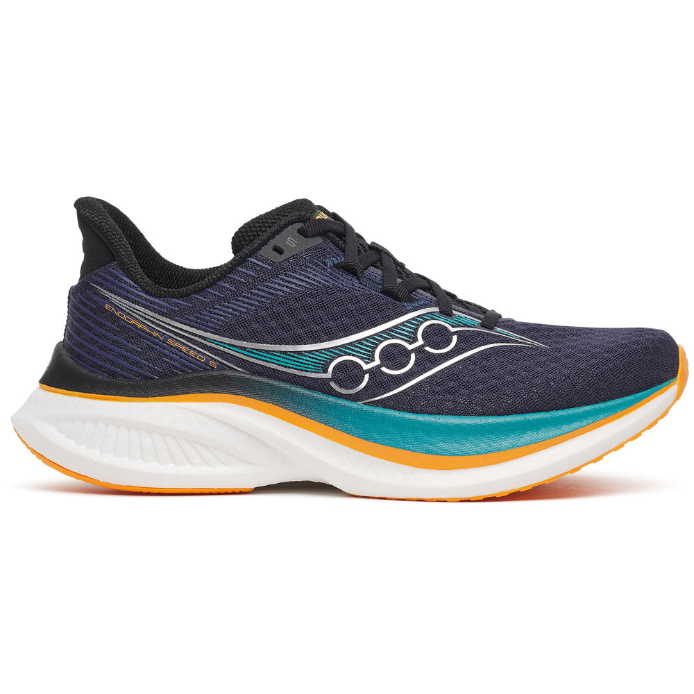 Side view on white background of Mens Saucony Endorphin running shoe in Naval/Tranquil, Medium (Regular) width
