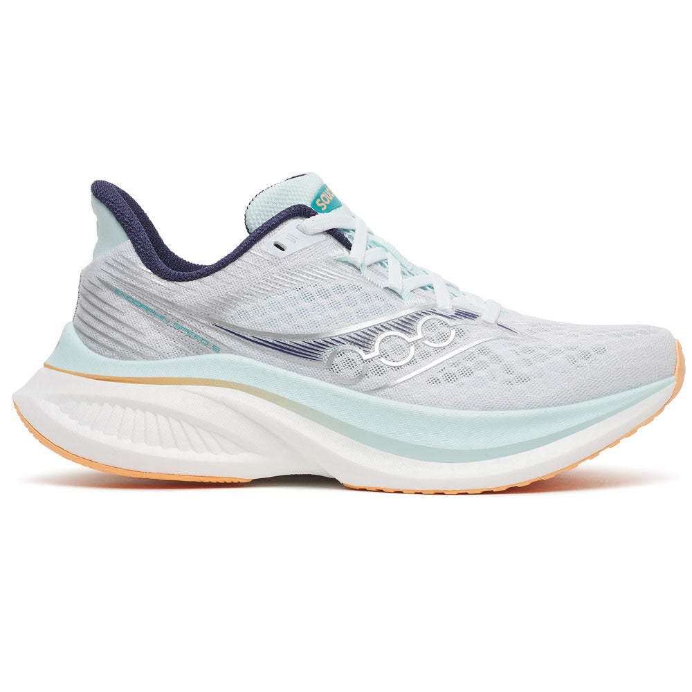 Side view on white background of Womens Saucony Endorphin running shoe in White/Spa, Medium (Regular) width