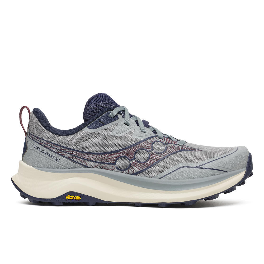 Side view on white background of Mens Saucony Peregrine 16 running shoe in Fossil/Naval, Medium (Regular) width