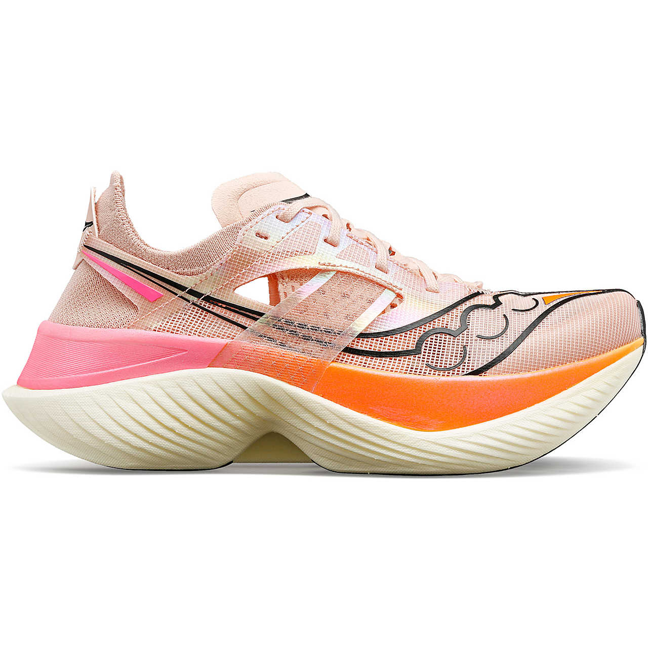 Side view on white background of Womens Saucony Endorphin Elite running shoe in Light Pink, Medium (Regular) width