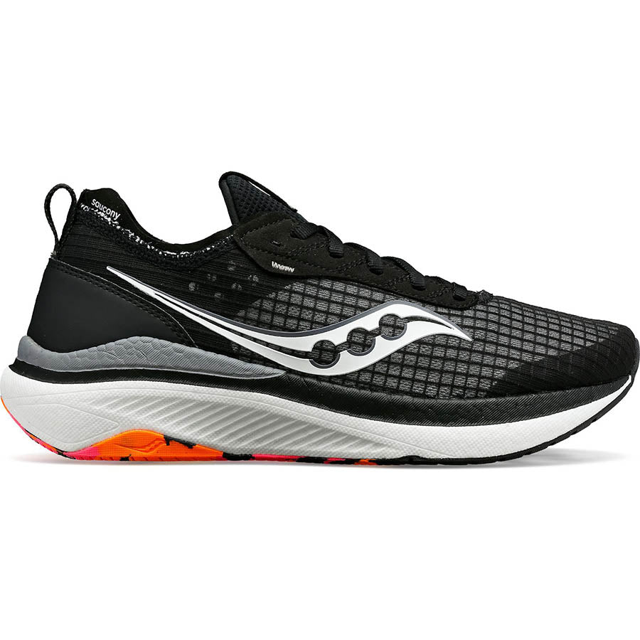 Side view on white background of Mens Saucony Freedom Crossport running shoe in Black/Vizi, Medium (Regular) width