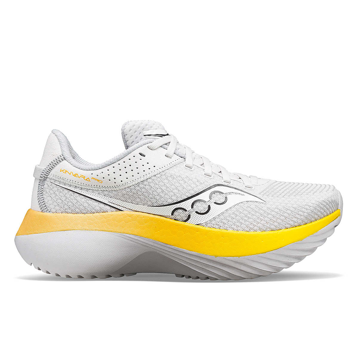 Side view on white background of Womens Saucony Kinvara Pro running shoe in Fog/Vizigold, Medium (Regular) width