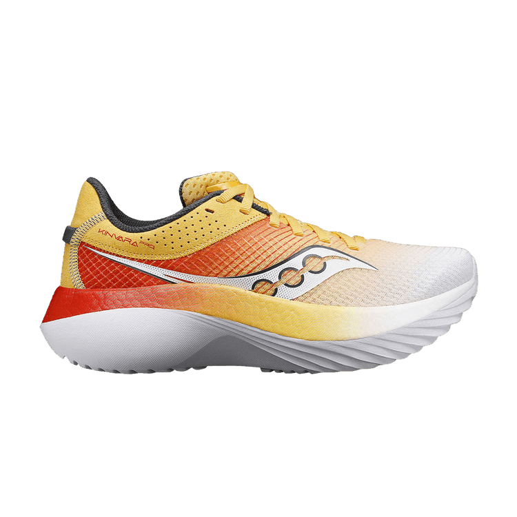 Side view on white background of Womens Saucony Kinvara Pro running shoe in Flax/Infrared, Medium (Regular) width