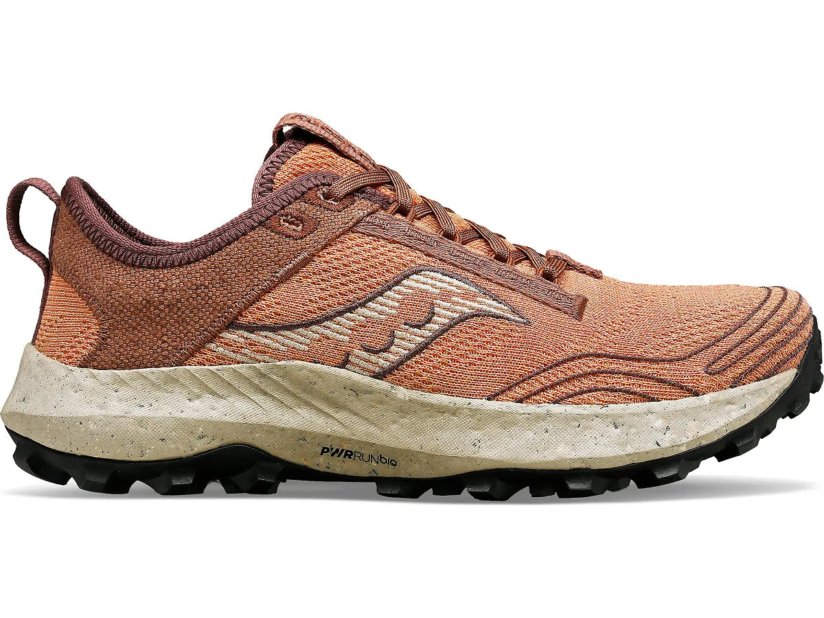 Side view on white background of Womens Saucony Peregrine RFG running shoe in Clove/Cacao, Medium (Regular) width