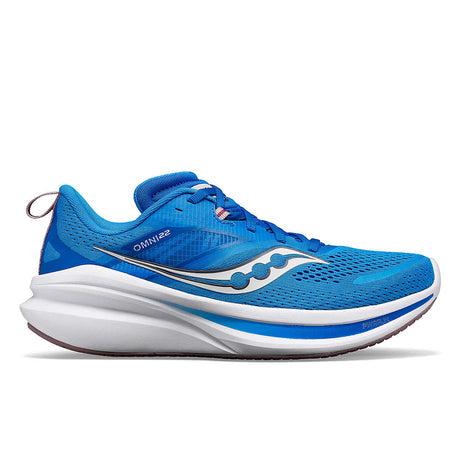 Side view on white background of Womens Saucony Omni 22 running shoe in Orchid/Cobalt, Medium (Regular) width