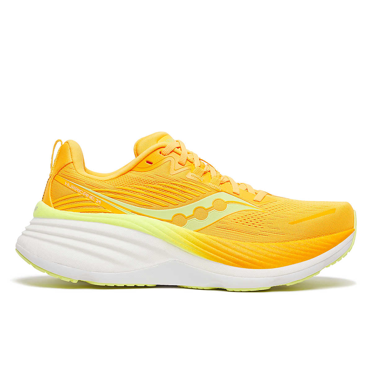 Side view on white background of Womens Saucony Hurricane 24 running shoe in Vo2, Medium (Regular) width