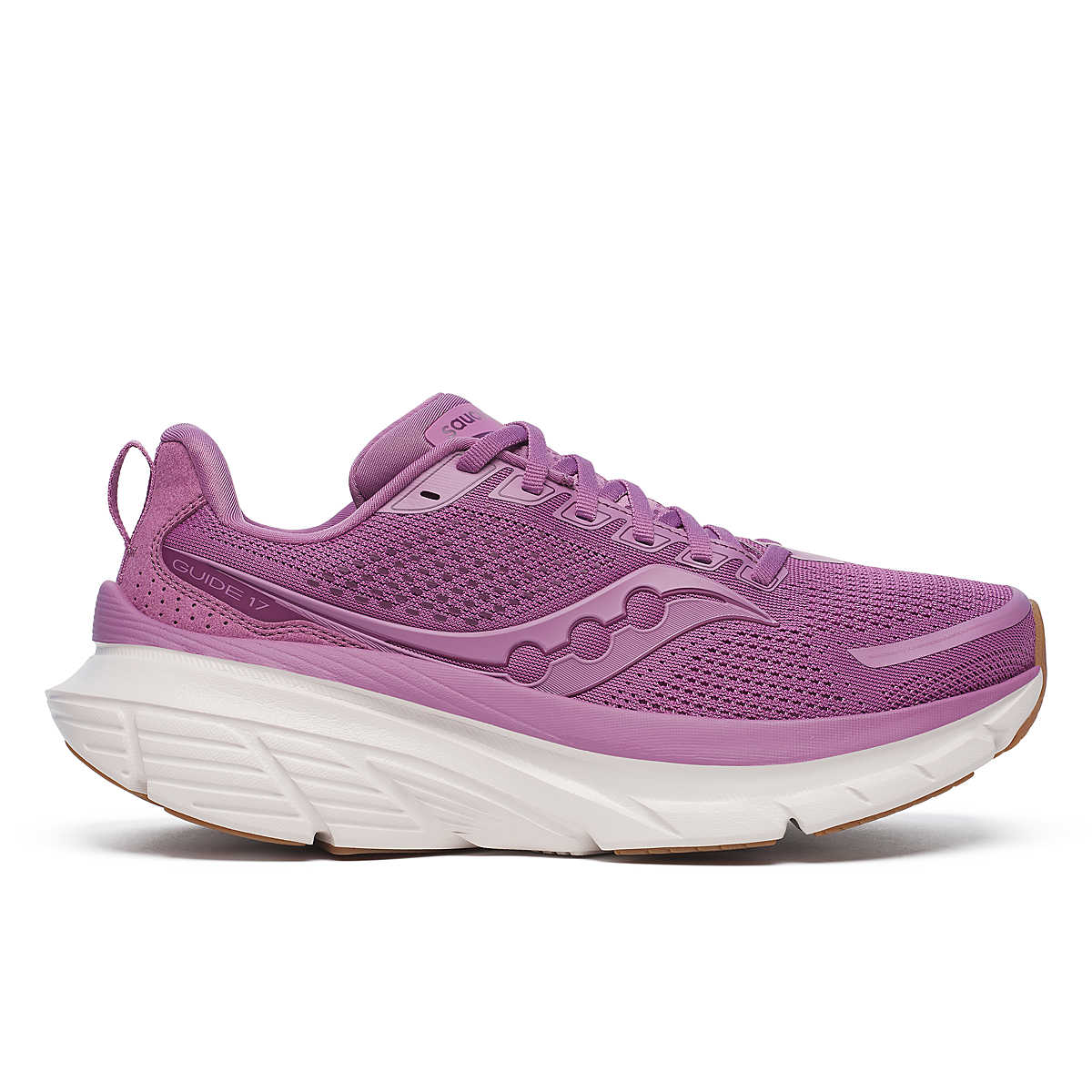 Side view on white background of Womens Saucony Guide 17 running shoe in Viola/Gum, Medium (Regular) width