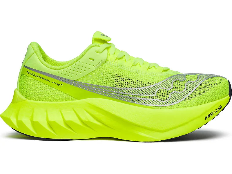 Side view on white background of Womens Saucony Endorphin Pro 4 running shoe in Citron/Silver, Medium (Regular) width