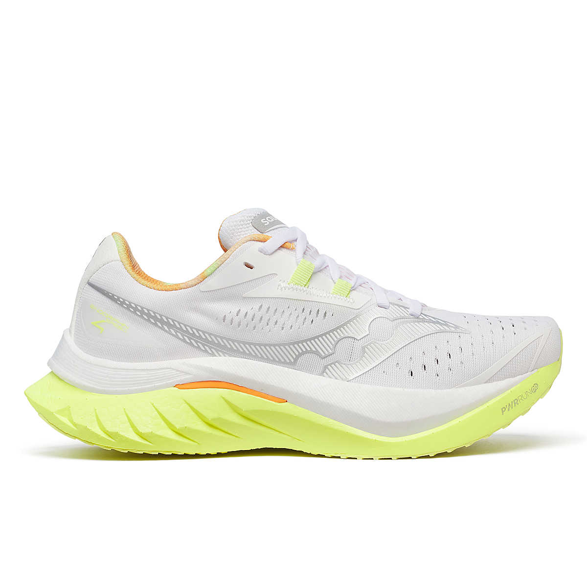 Side view on white background of Womens Saucony Endorphin Speed 4 running shoe in White/Sunny, Medium (Regular) width
