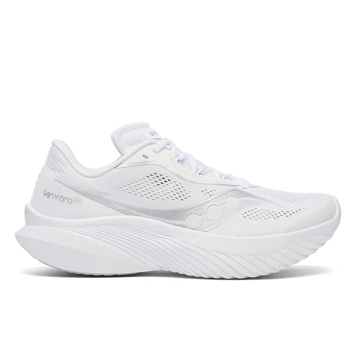 Side view on white background of Womens Saucony Kinvara 15 running shoe in White, Medium (Regular) width