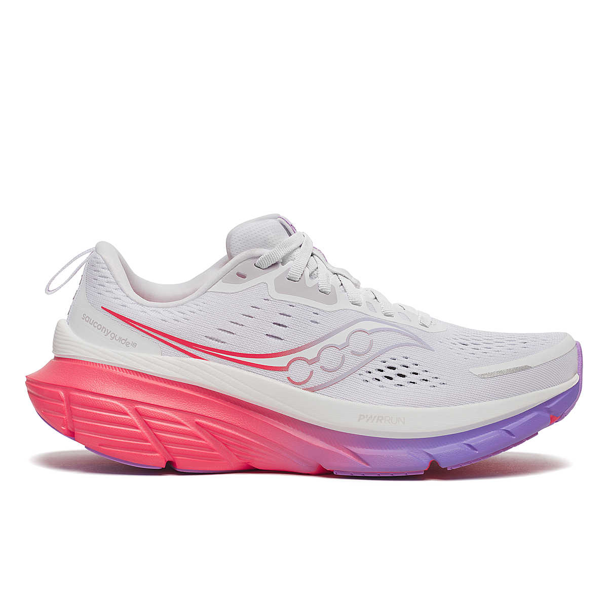 Side view on white background of Womens Saucony Guide 18 running shoe in White/Crocus, Medium (Regular) width