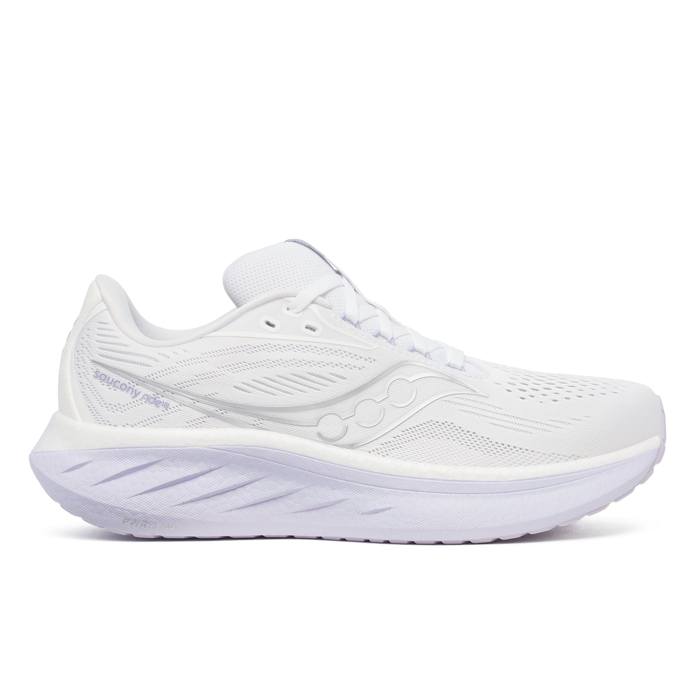 Side view on white background of Womens Saucony Ride 18 running shoe in White/Thistle, Medium (Regular) width