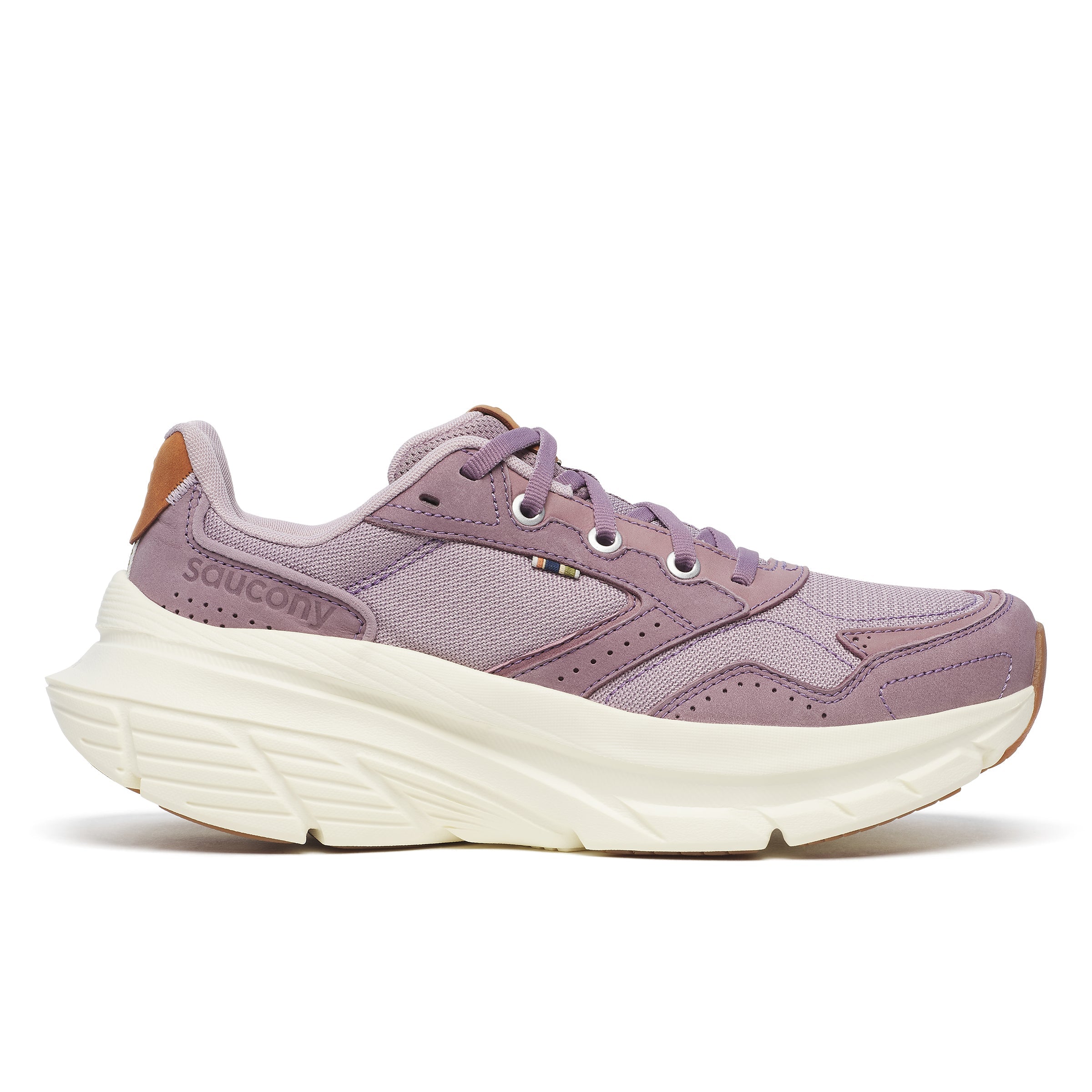 Side view on white background of Womens Saucony Guide Metro running shoe in Quail/Vanilla, Medium (Regular) width