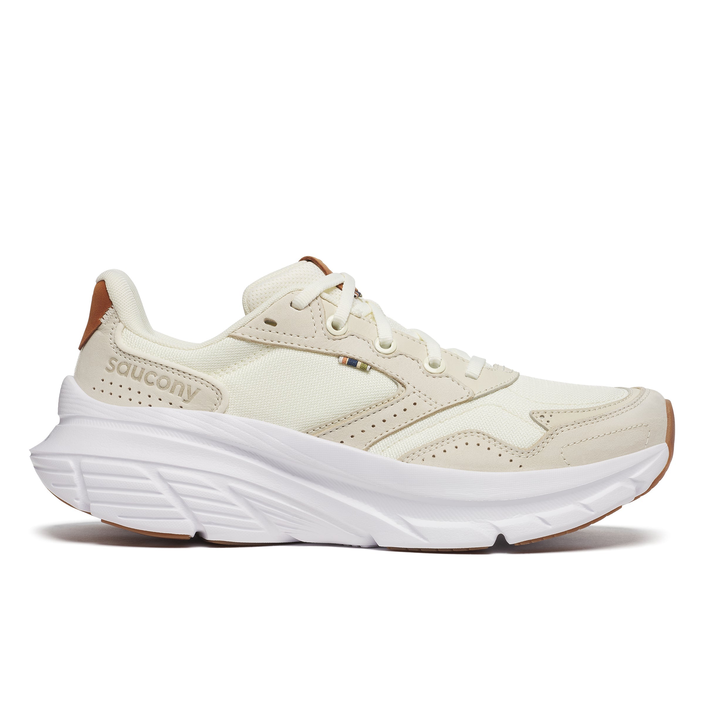 Side view on white background of Womens Saucony Guide Metro running shoe in Vanilla, Medium (Regular) width