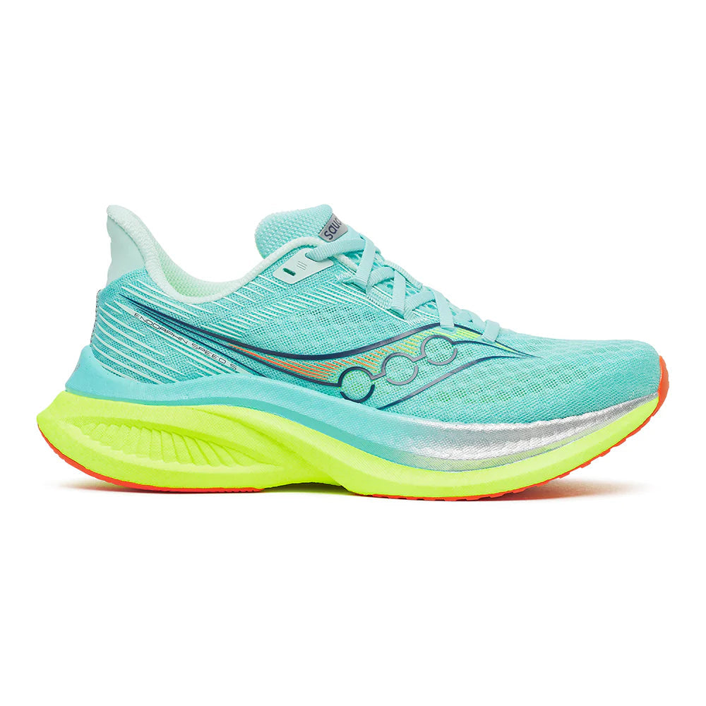Side view on white background of Womens Saucony Endorphin Speed 5 running shoe in Splash/Citron, Medium (Regular) width