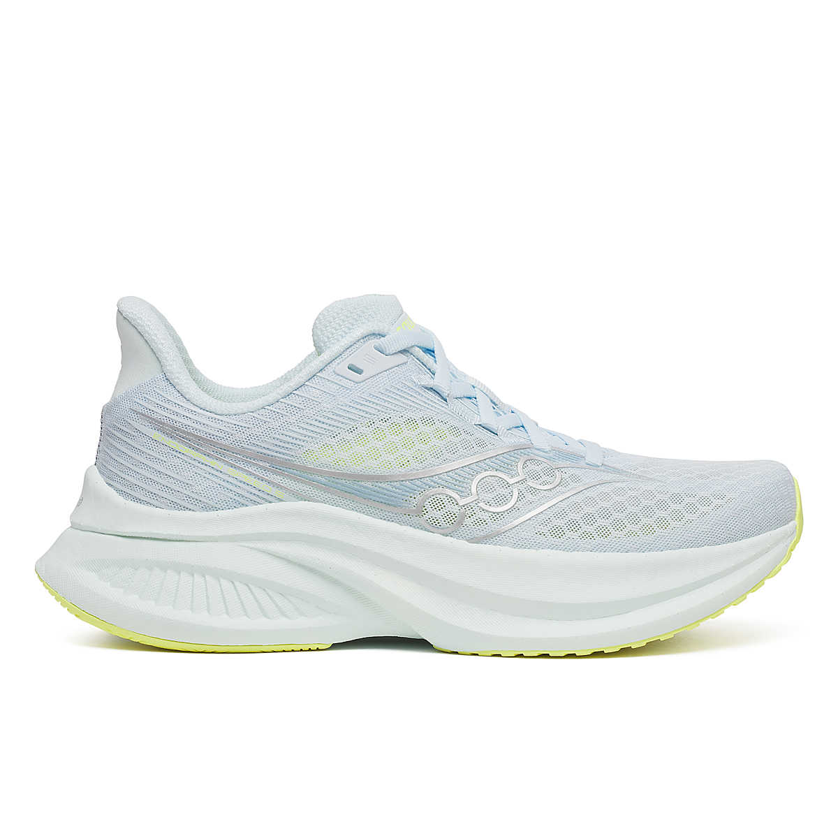 Side view on white background of Womens Saucony Endorphin Speed 5 running shoe in Ice Melt, Medium (Regular) width