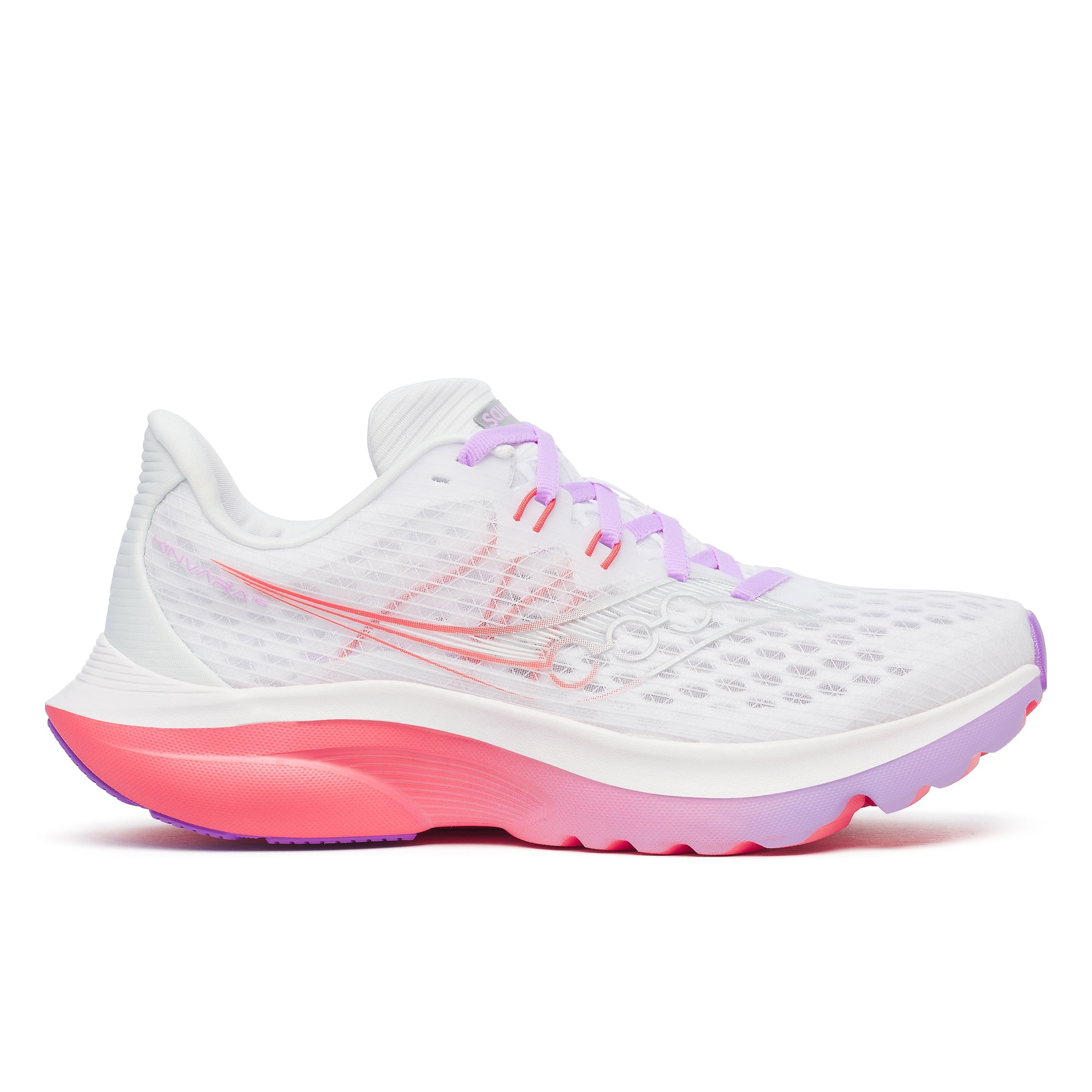 Side view on white background of Womens Saucony Kinvara 16 running shoe in White/Crocus, Medium (Regular) width