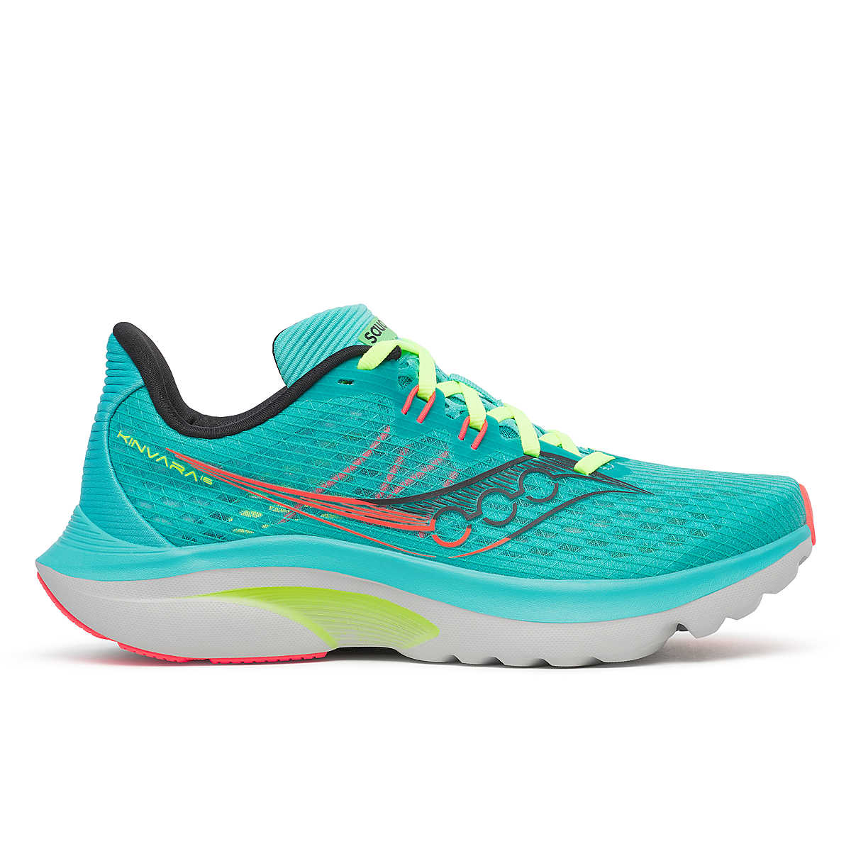 Side view on white background of Womens Saucony Kinvara 16 running shoe in Teal/Mutant, Medium (Regular) width